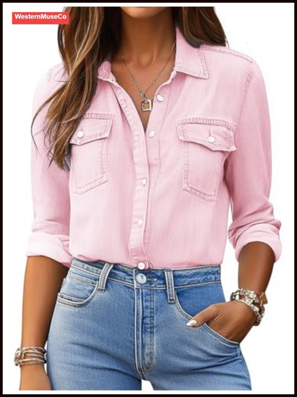 Women's Denim Button Down Shirt Long Sleeve Western Chambray Jean Top